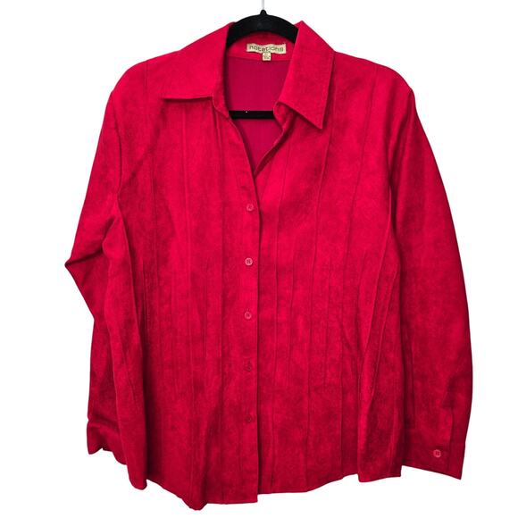 Notations Button Up Top Shirt Womens Large Petite Red Microfiber Suede Christmas - Picture 1 of 9